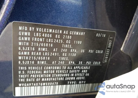 2016 Volkswagen Tiguan S из США, поврежденный, VIN WVGAV7AX7GW599475